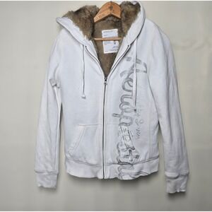 Y2K Aeropostale White Zip Up Hoodie Faux Fur Lined Sparkle Graphic Medium